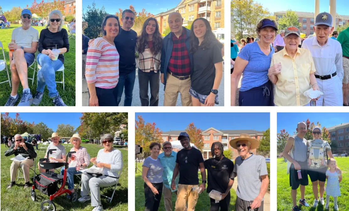 Members and families enjoying an outdoor community event, socializing, relaxing on the great lawn, and sharing food together.